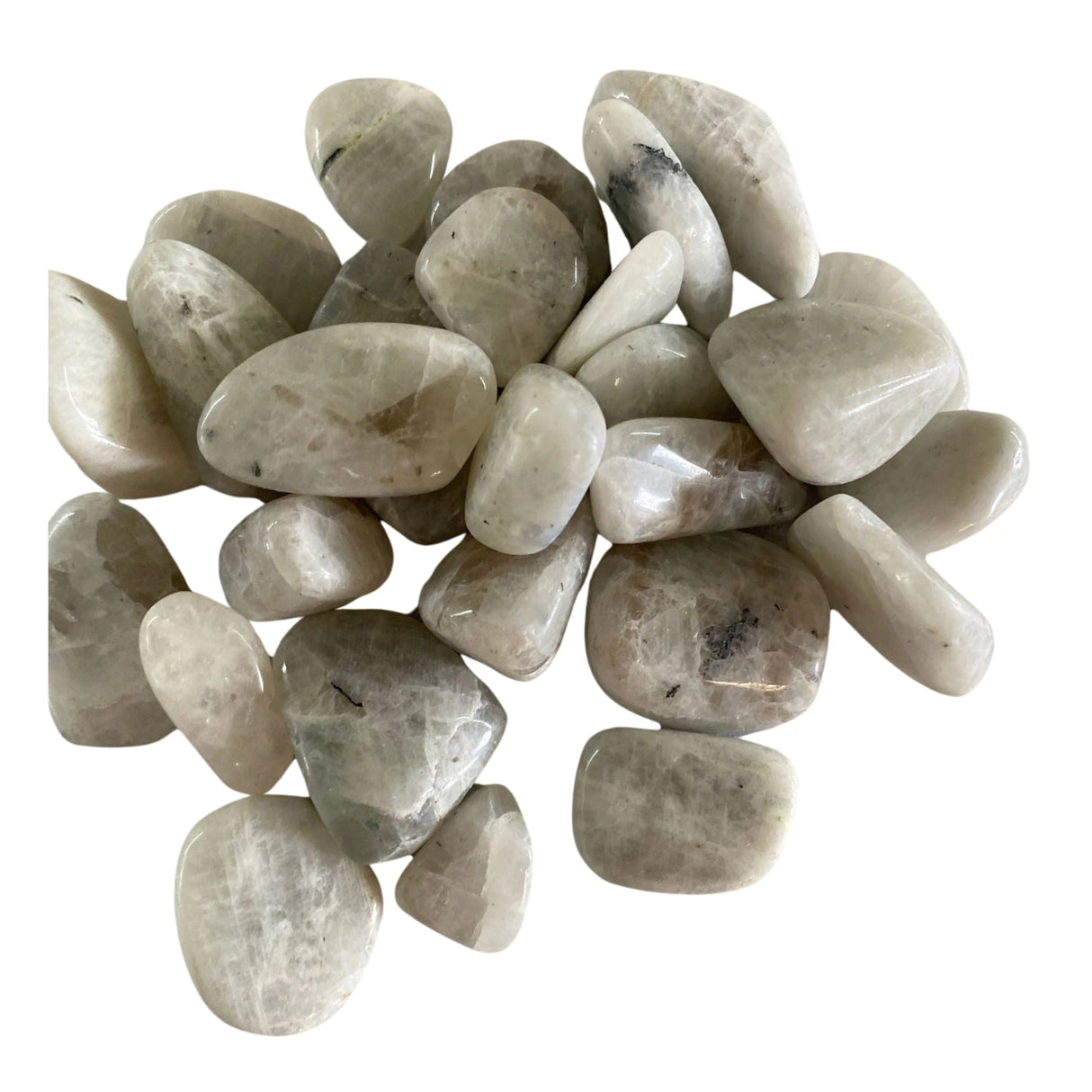 Rainbow Moonstone Tumbled - Polished white stones with flashes of color.