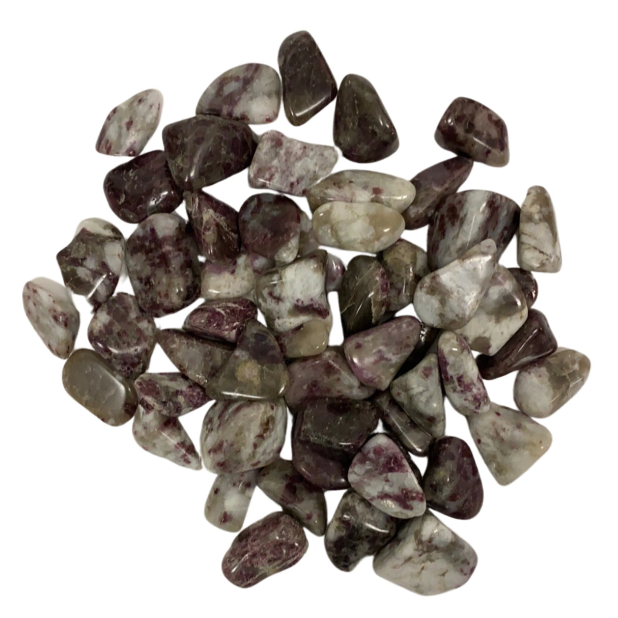 Red Tourmaline Tumbled - Tumbled stones with pink and white hues and black flecks.