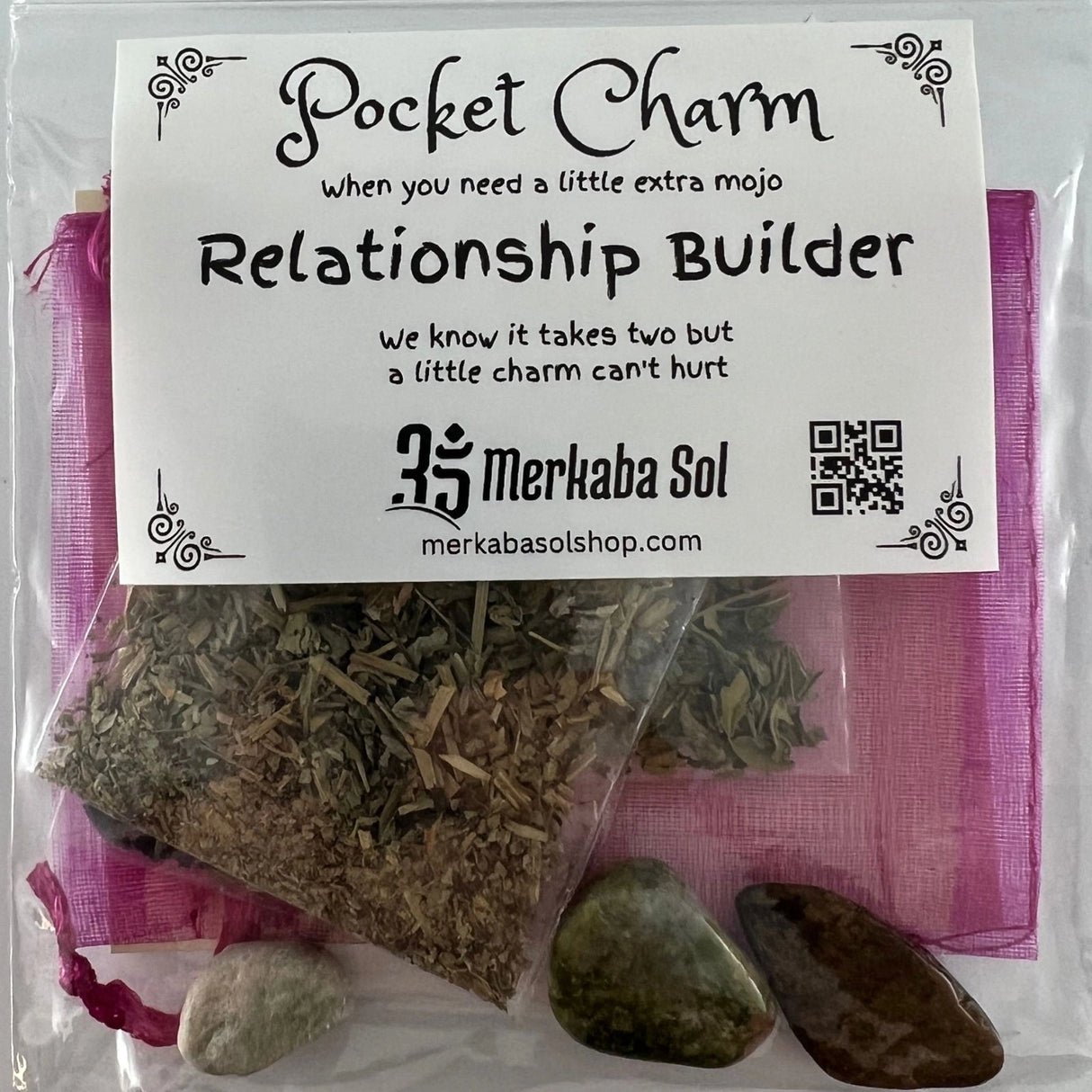 Relationship Pocket Charm Kit with Transparent packaging, White label, and Black text.