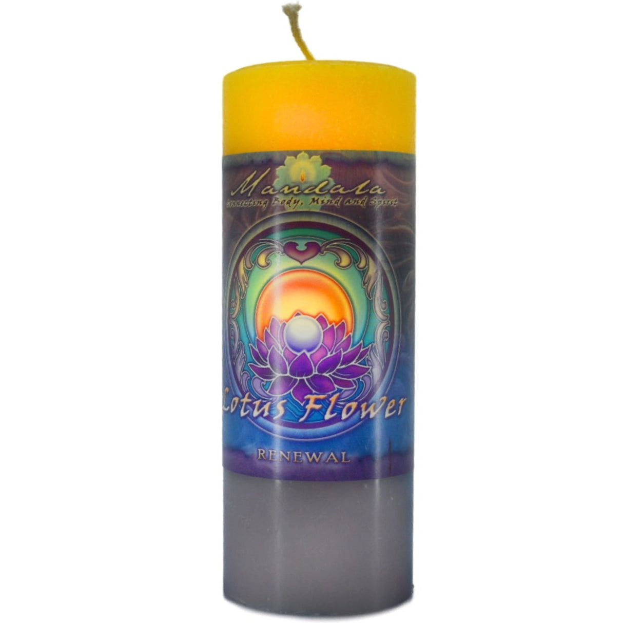 Yellow candle with "MANDALA" and "RENEWAL" labels.