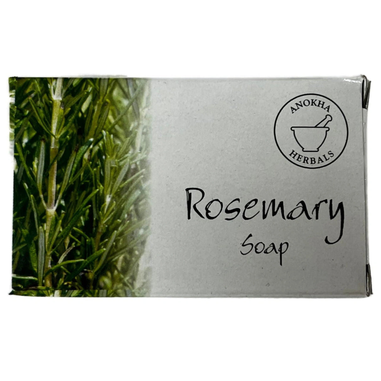 White soap box with a green border and a picture of rosemary leaves. The label reads "Anokha Herbals" and "Rosemary Soap."