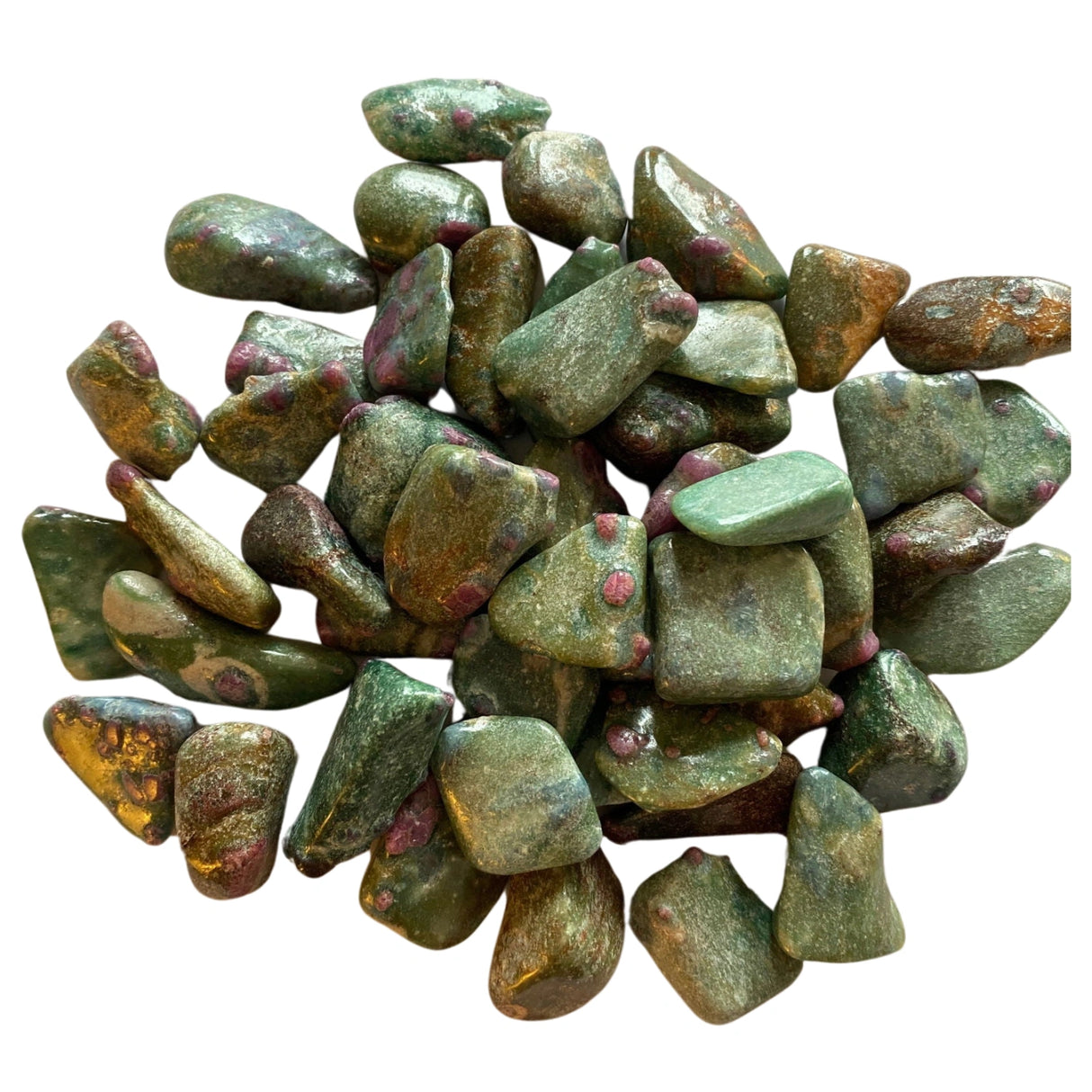 Ruby in Fuchite Tumbled - Tumbled stones with green base and red flecks.