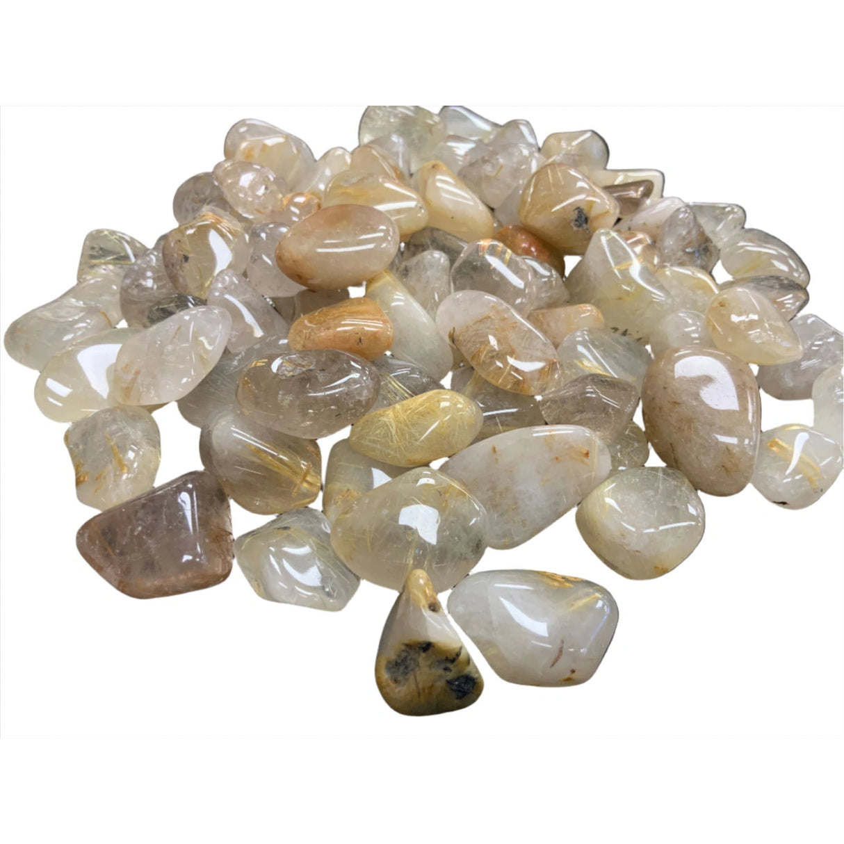 Rutiled Quartz Tumbled - clear tumb led stones with yellow Neeld like growth in side
