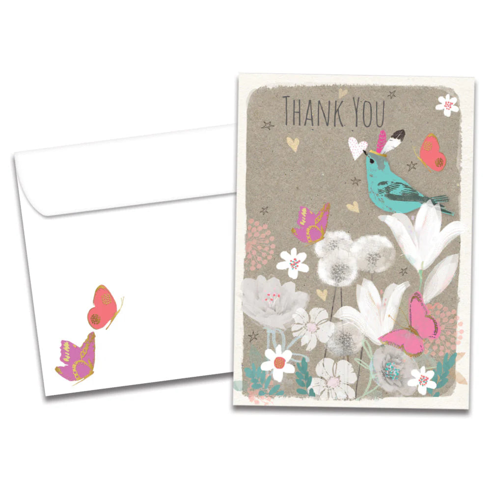 Thank you card with images of flowers and birds wilt words Thank You