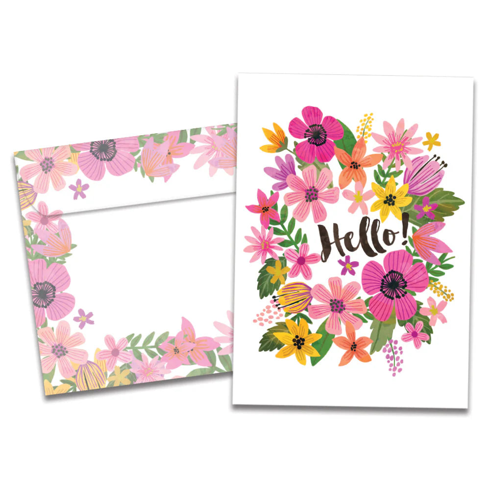 while card with colorful flowers and the word Hello