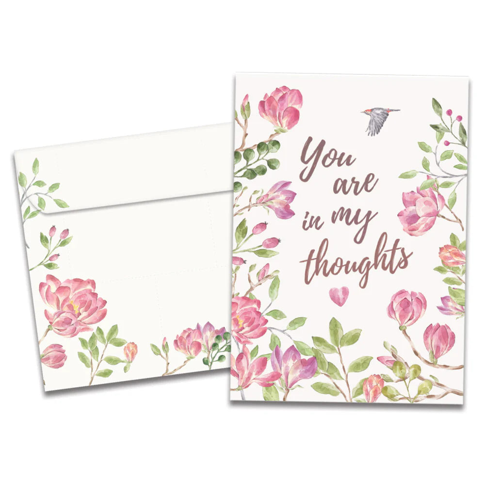 white pink card with flowers and the words you are in my thoughts