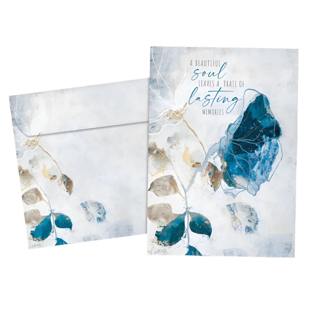 lasting memories card. White with blue flowers beautiful soul leaves a trail of lasting memories