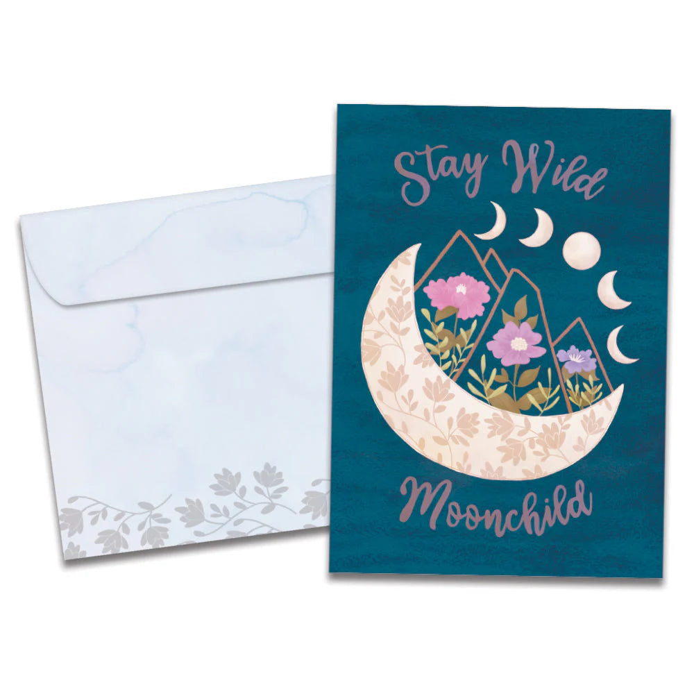 outside card teal blue with image of crescent moon and flowers with words stay wild moon child