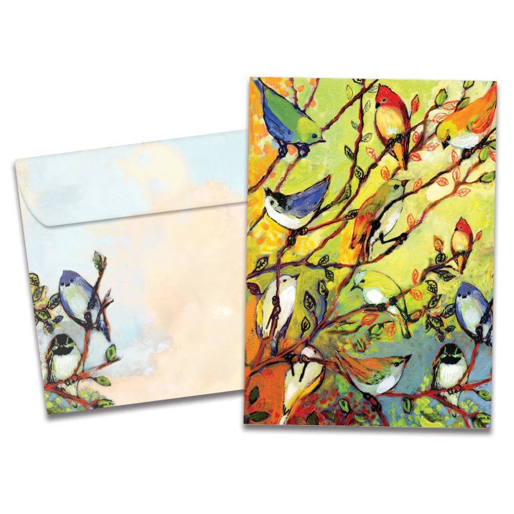 colorful card with images of 16 birds in branches