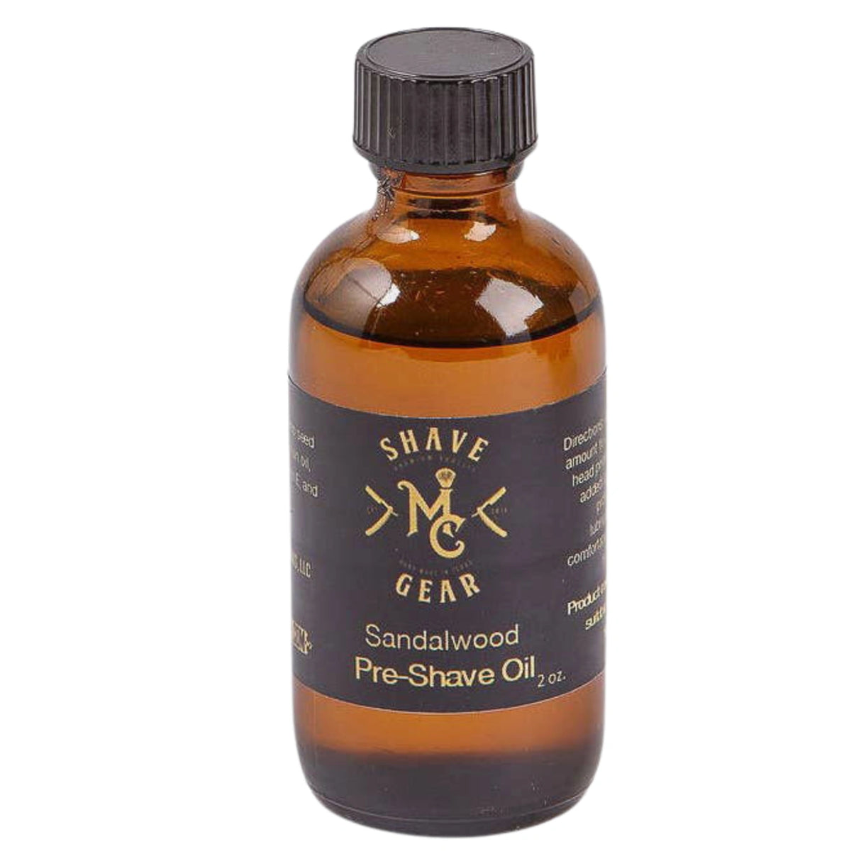 Sandalwood Pre Shave Oil - Sandalwood - An amber colored bottle of pre-shave oil with black label and black screw lid.