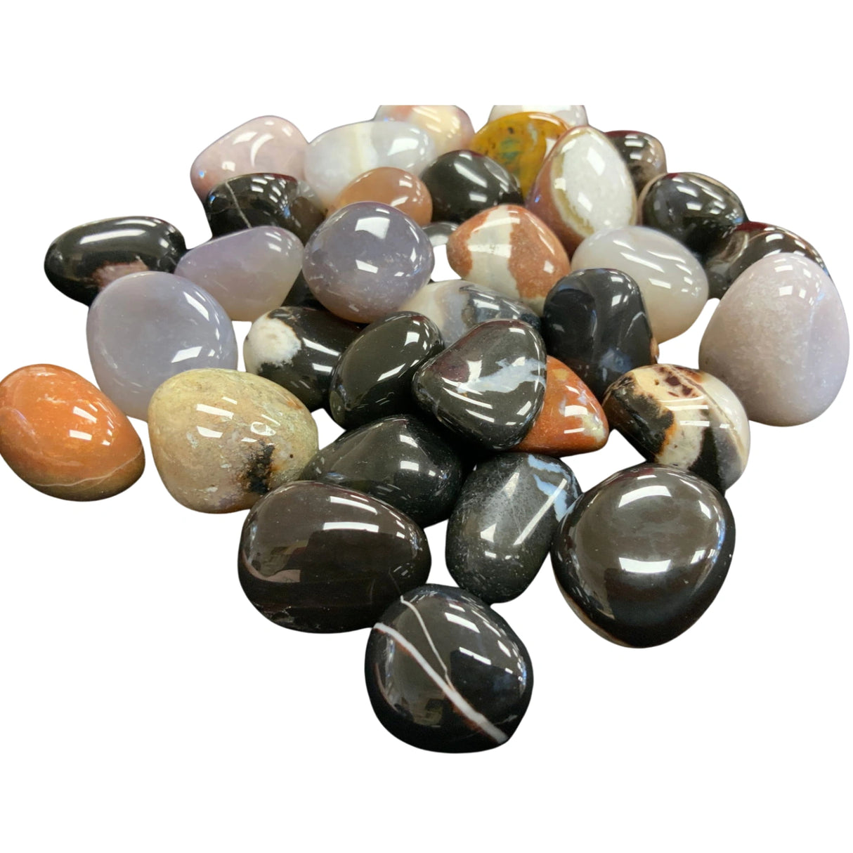 Sardonyx Tumbled - Polished Sardonyx stones in black, white, and brown.