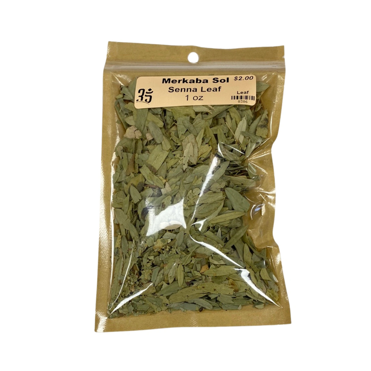 Dried Senna Leaf in a clear plastic bag.