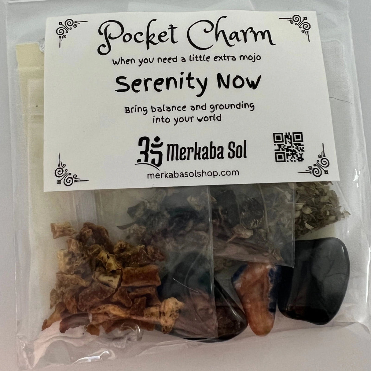 Serenity Now Pocket Charm Kit with Transparent packaging, White label, and Black text.