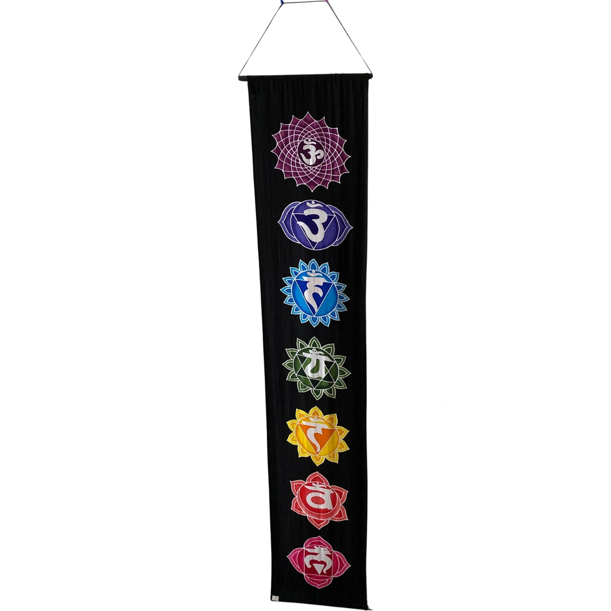 Black banner with seven colored chakra symbols arranged vertically, with the OM symbol at the top.