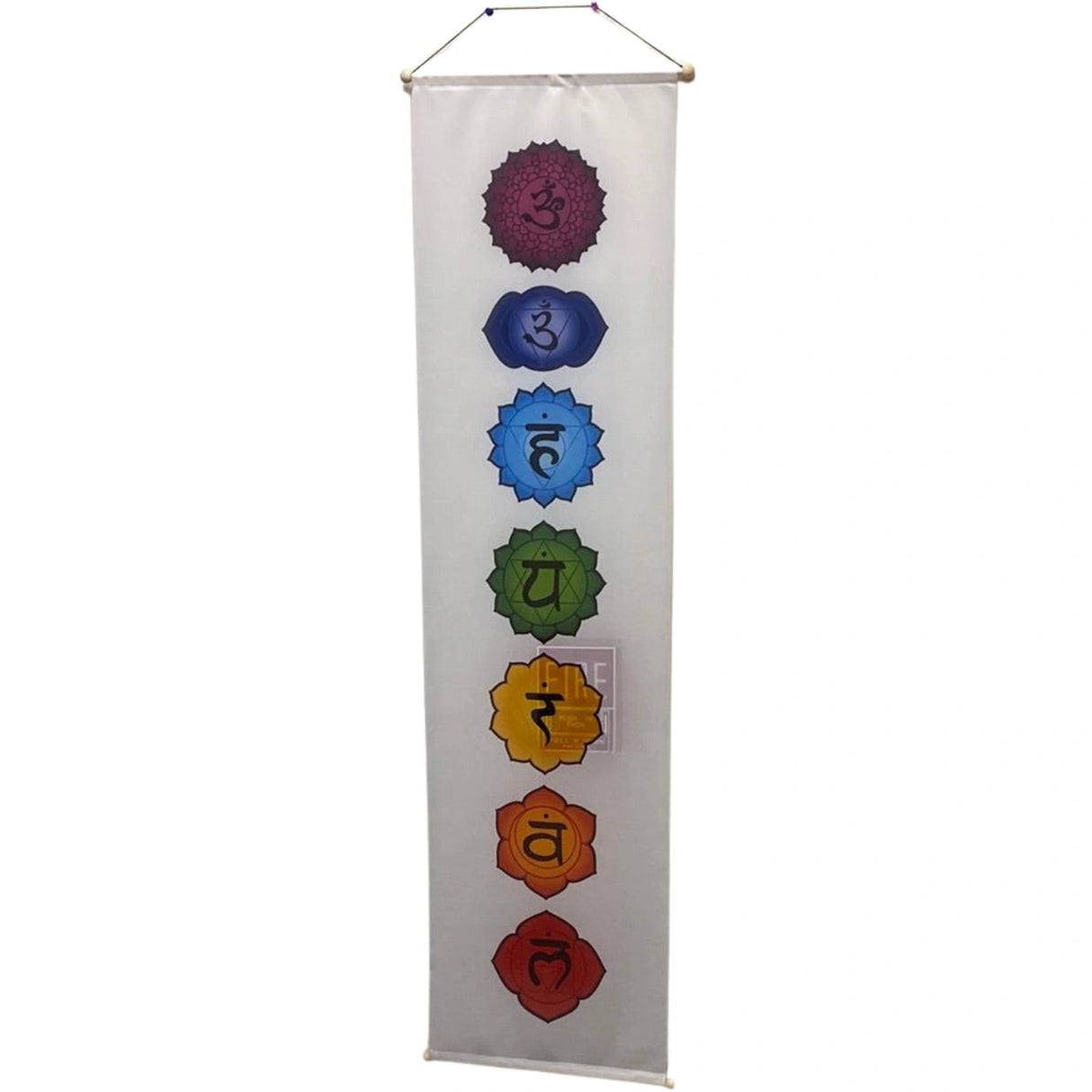 Seven Chakra Banner White - A white hanging banner depicting the seven chakras, each represented by a different color and a Sanskrit symbol.