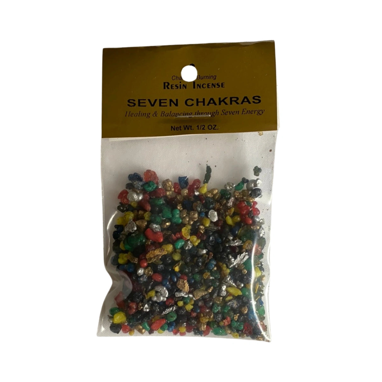 Seven Chakra Resin Incense in a plastic bag.