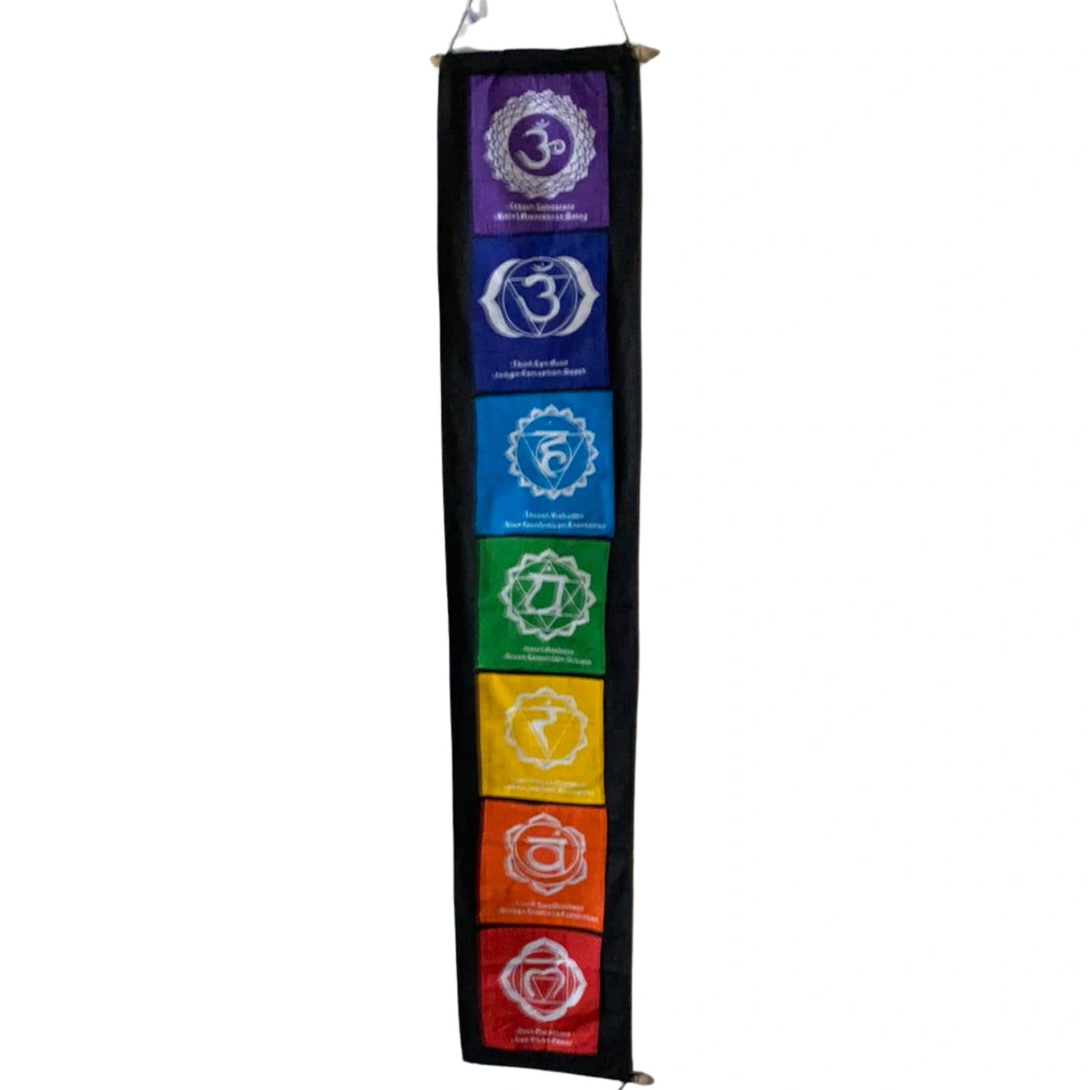 Seven Chakra Wall Hanging Banner - Seven Chakra Banner made from black, lavender, purple, blue, green, yellow, orange, and red cloth, with white print.