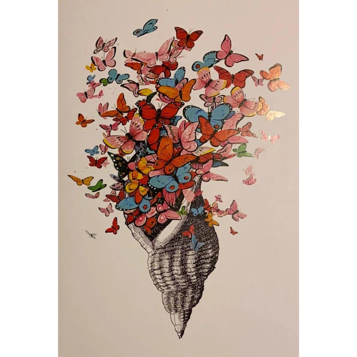 Shell filled with colorful butterflies.