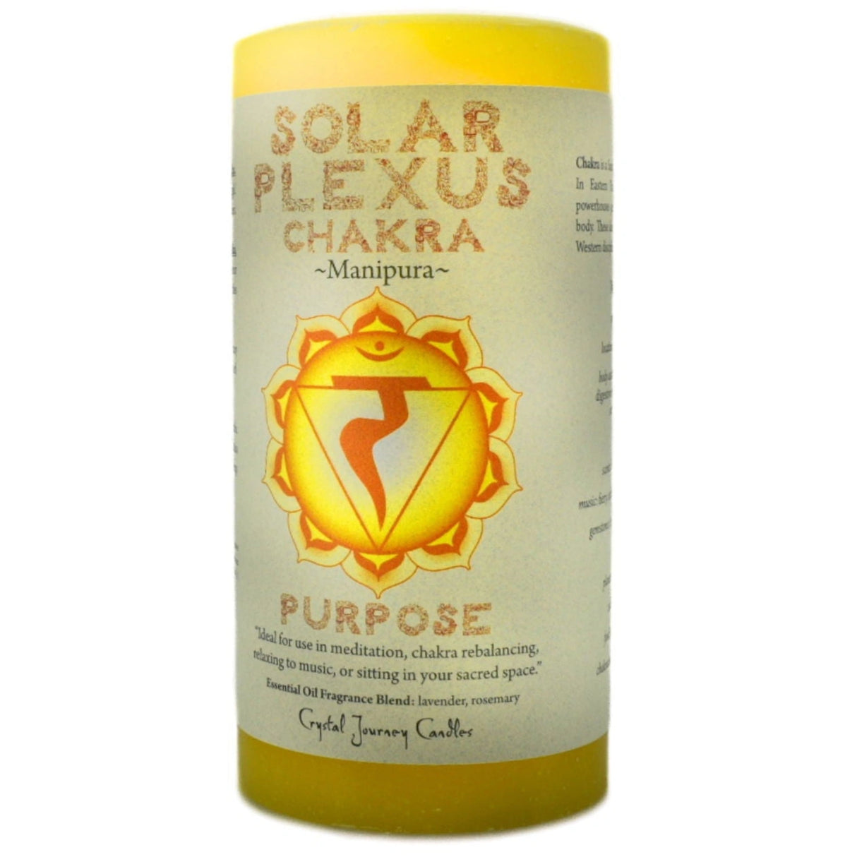 Yellow candle with "SOLAR PLEXUS CHAKRA" and "PURPOSE" label.