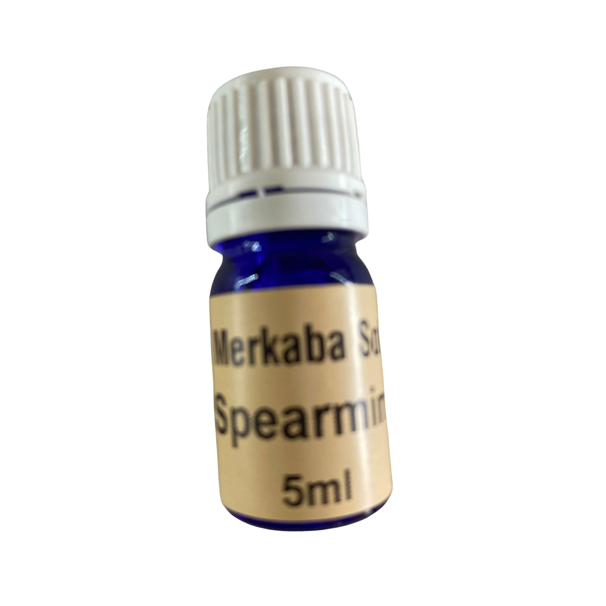 Spearmint Essential Oil - Spearmint Essential Oil in small blue colored bottle with light brown label and white screw cap.
