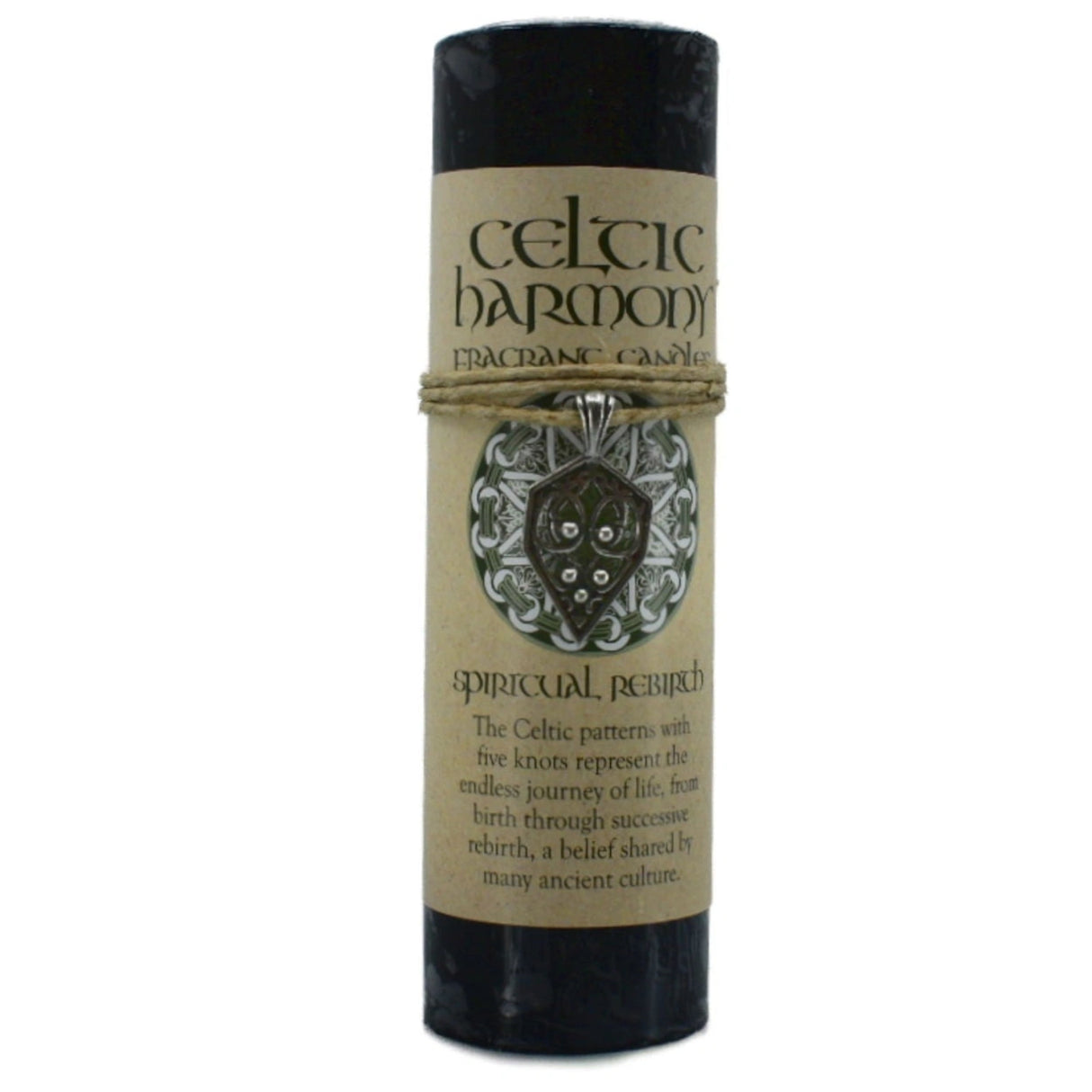 Spiritual Rebirth Celtic Pendant Candle - Spiritual Rebirth Celtic Pendant Candle. The Celtic patterns with five knots represents the endless journey of life, from birth through successive rebirth, a belief shared by many ancient cultures. The pewter pendant can be worn as a necklace or used as an amulet. the candle is black.