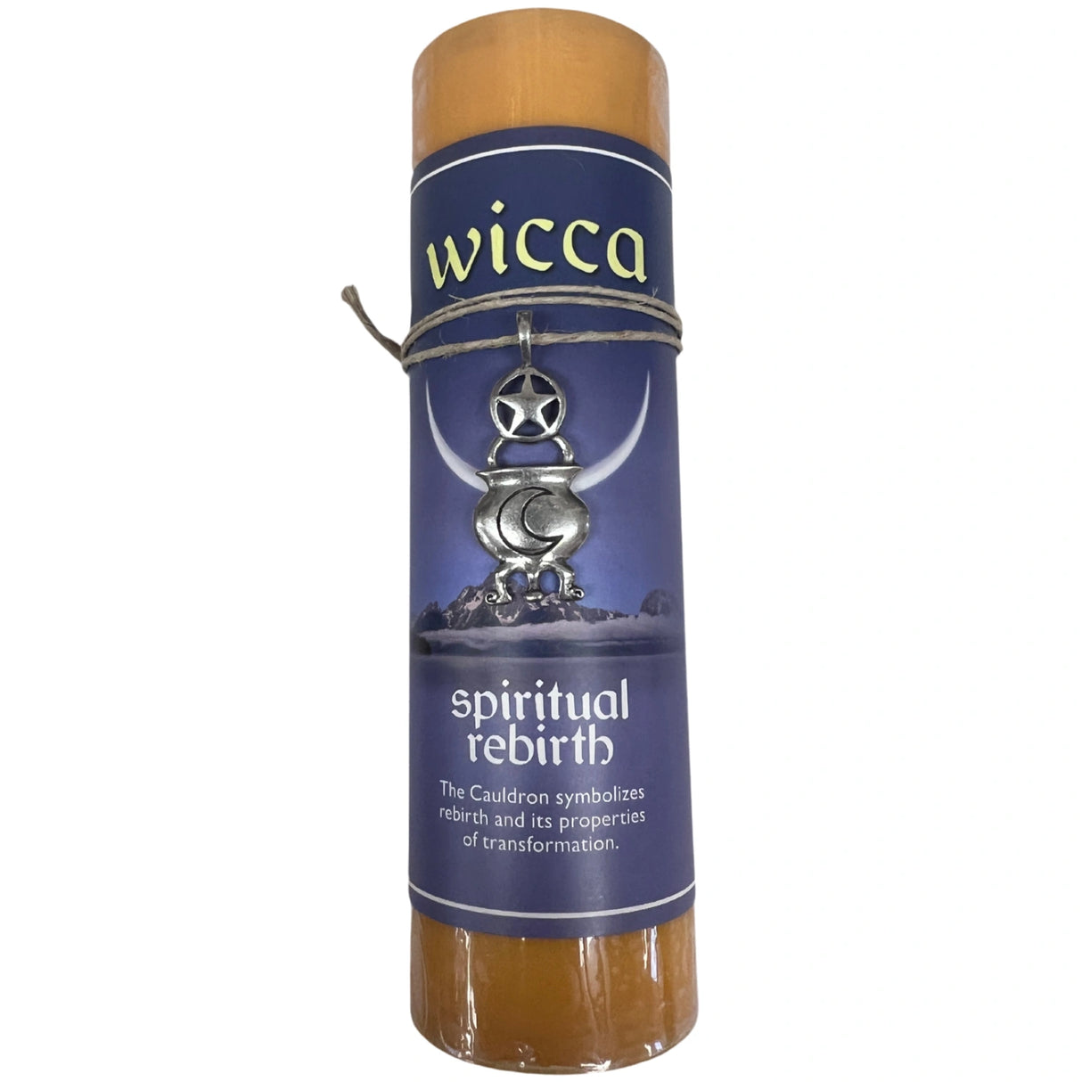 Orange candle with "WICCA" and "SPIRITUAL REBIRTH" labels.
