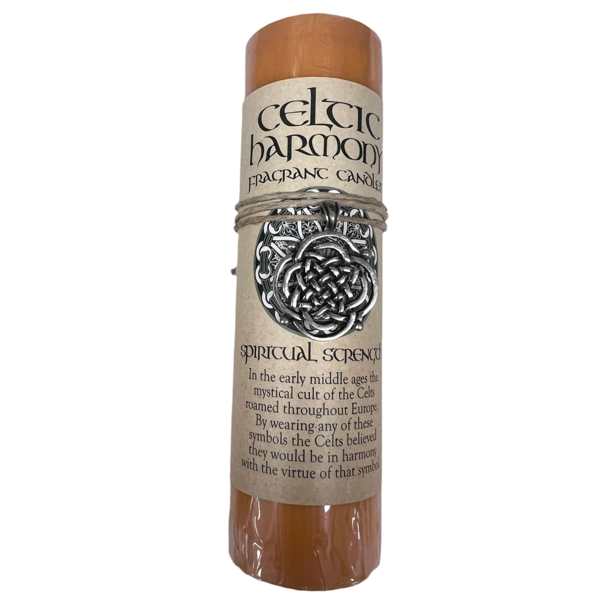 Spiritual Strength Celtic Pendant Candle - Pillar candle yellow orange in color with a Celtic pendant and beige label