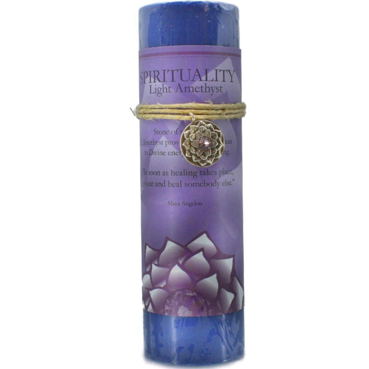 Purple candle with "SPIRITUALITY" label and amethyst pendant.