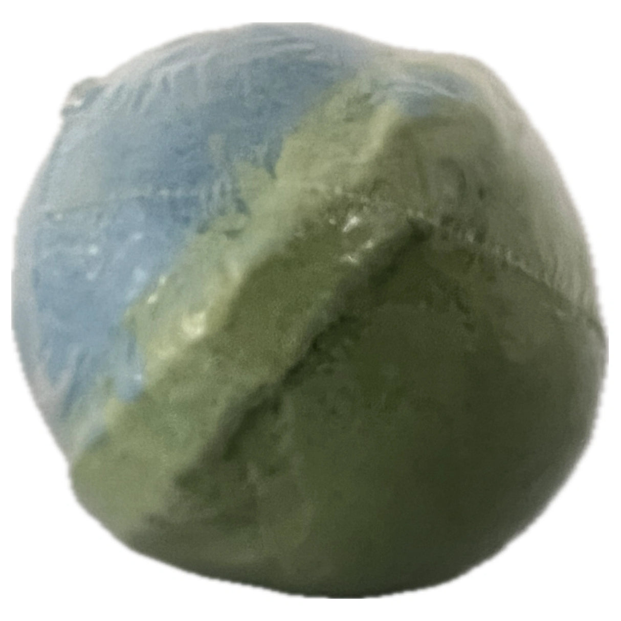 Blue and green bath bomb with a smooth, spherical shape.