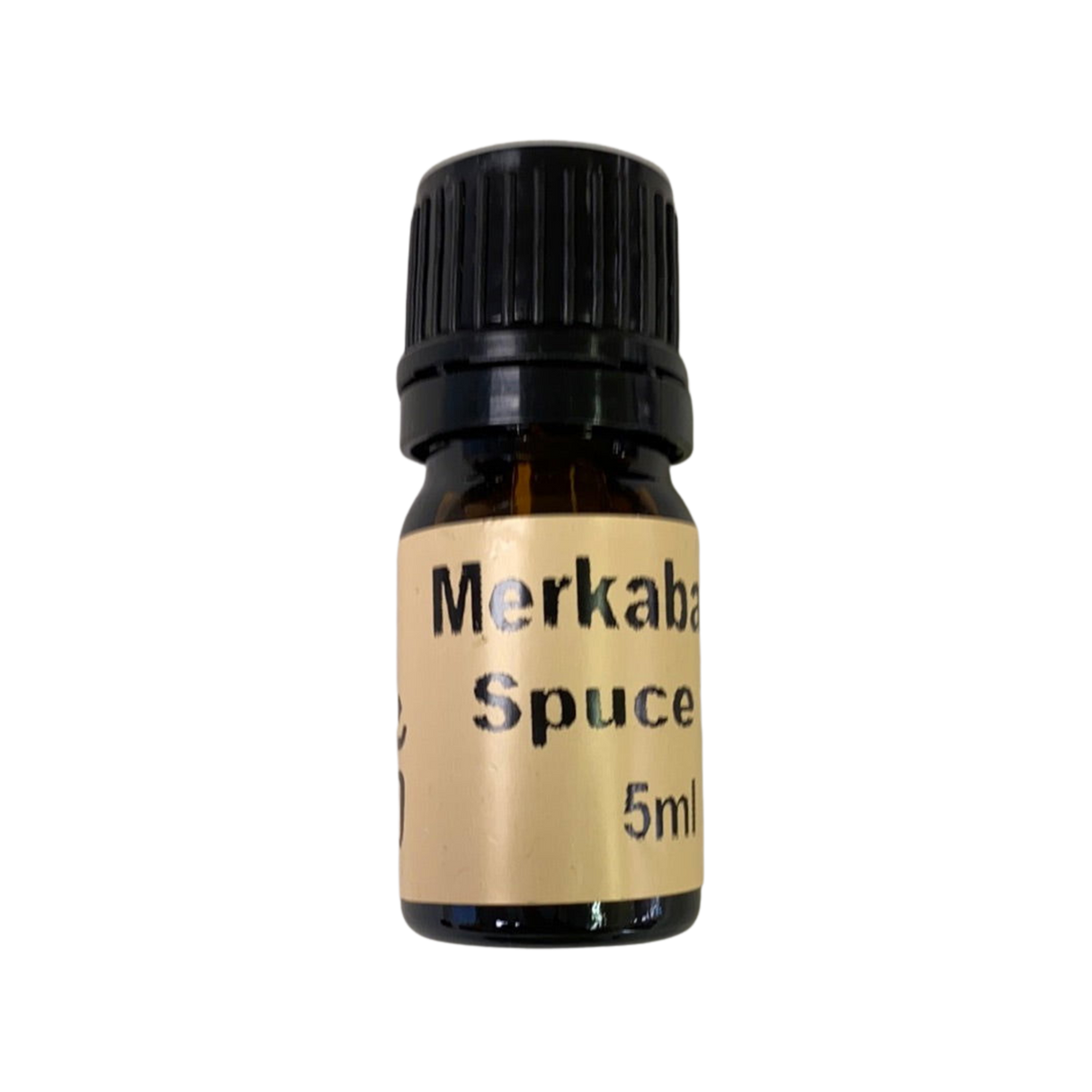 Spruce Essential Oil - Spruce Essential Oil in a small amber colored bottle with light brown label and black screw cap.