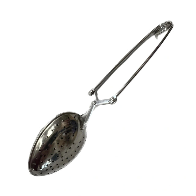 Stainless steel tea infuser with spring-loaded handle.