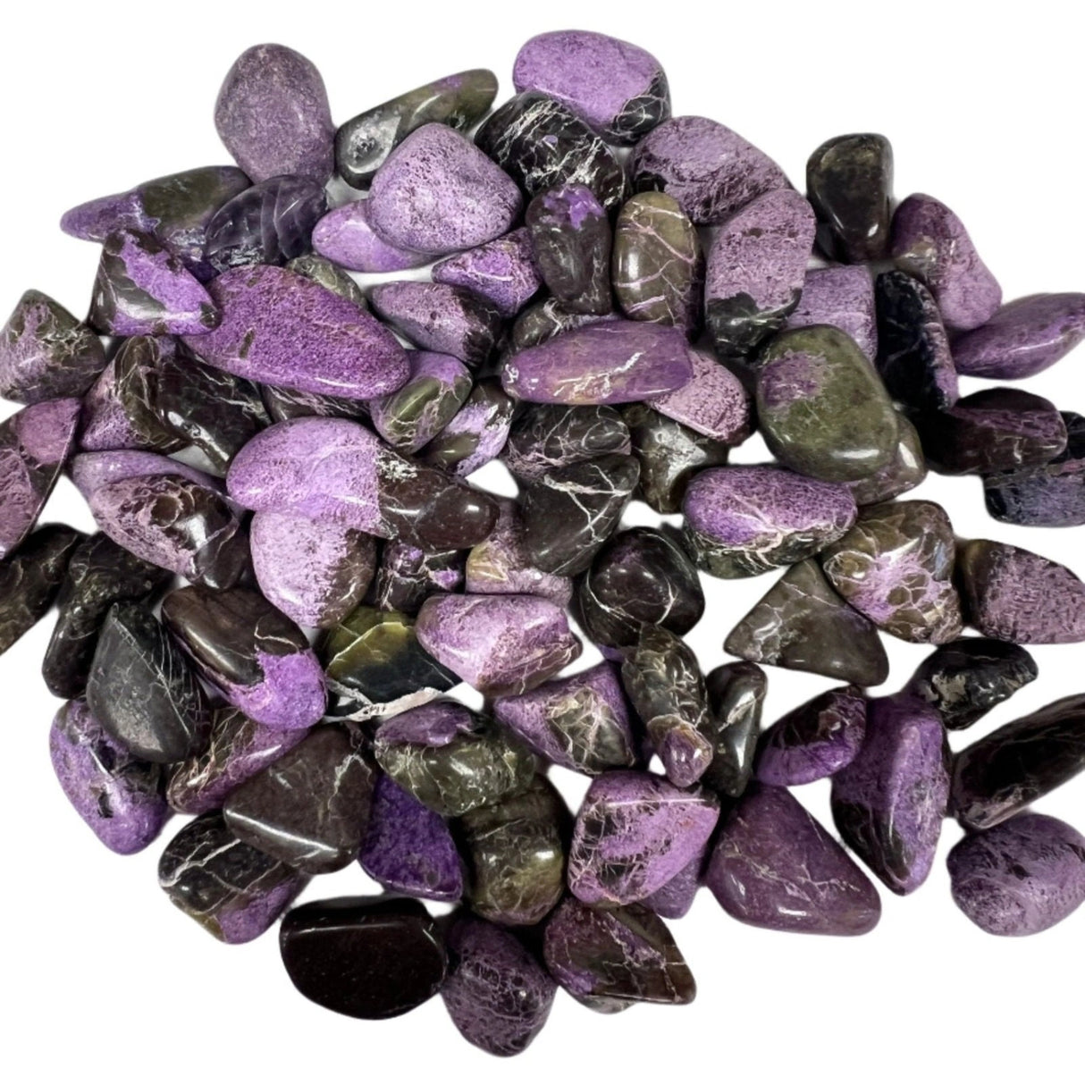 Tumbled Stichtite Serpentine stones with a smooth, polished finish and a vibrant purple color with darker green or black inclusions.