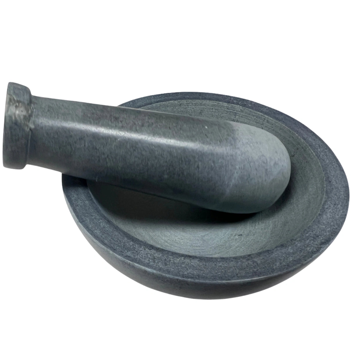 Grey stone mortar and pestle.