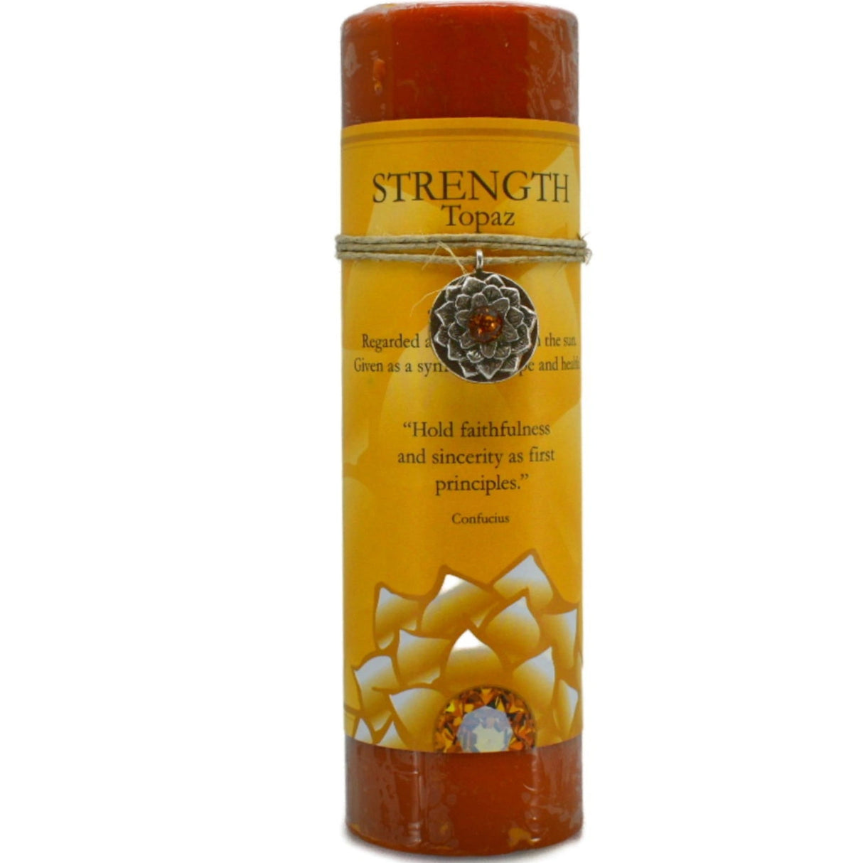 Orange candle with "STRENGTH" label and topaz pendant.
