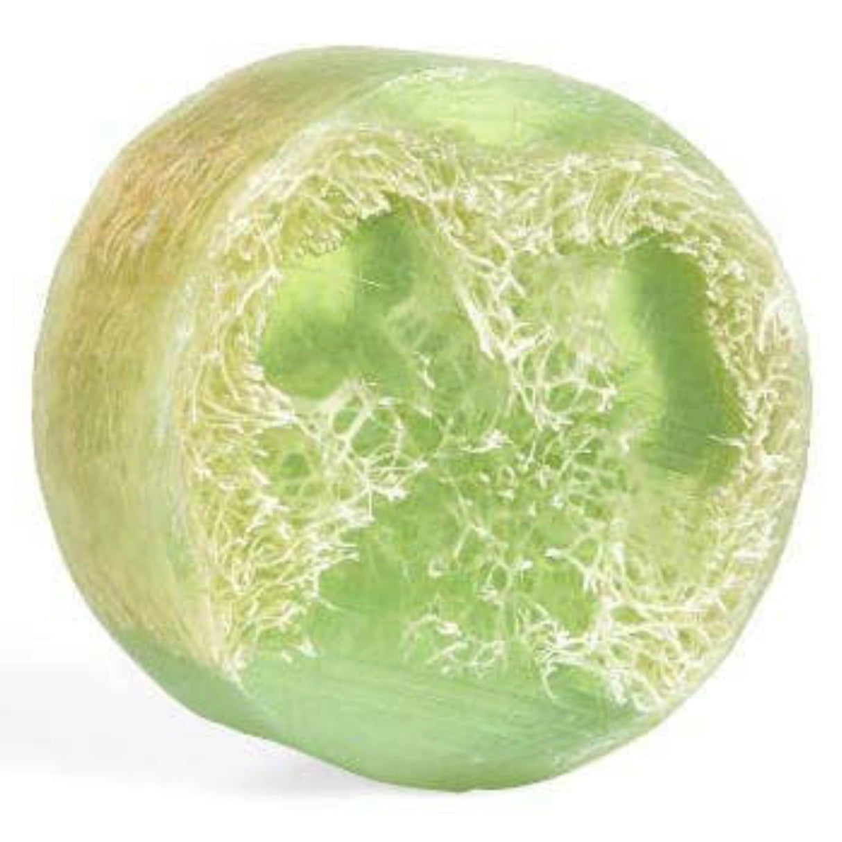 Green loofah soap with a smooth, spherical shape and visible loofah fibers.