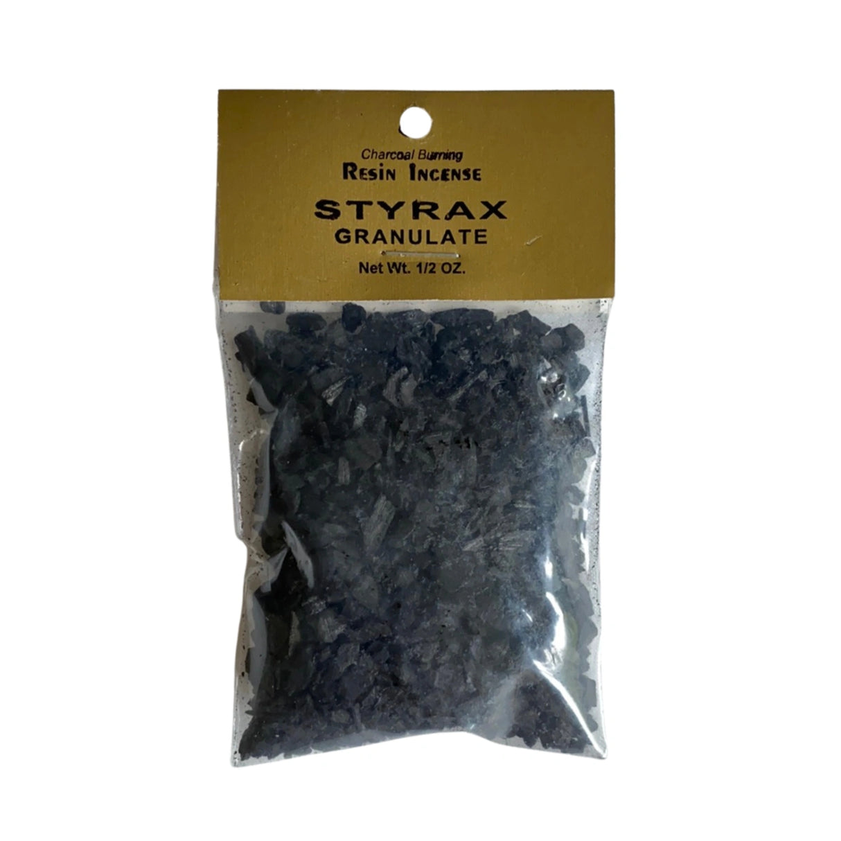 Styrax Granulate Resin Incense in a clear plastic bag.