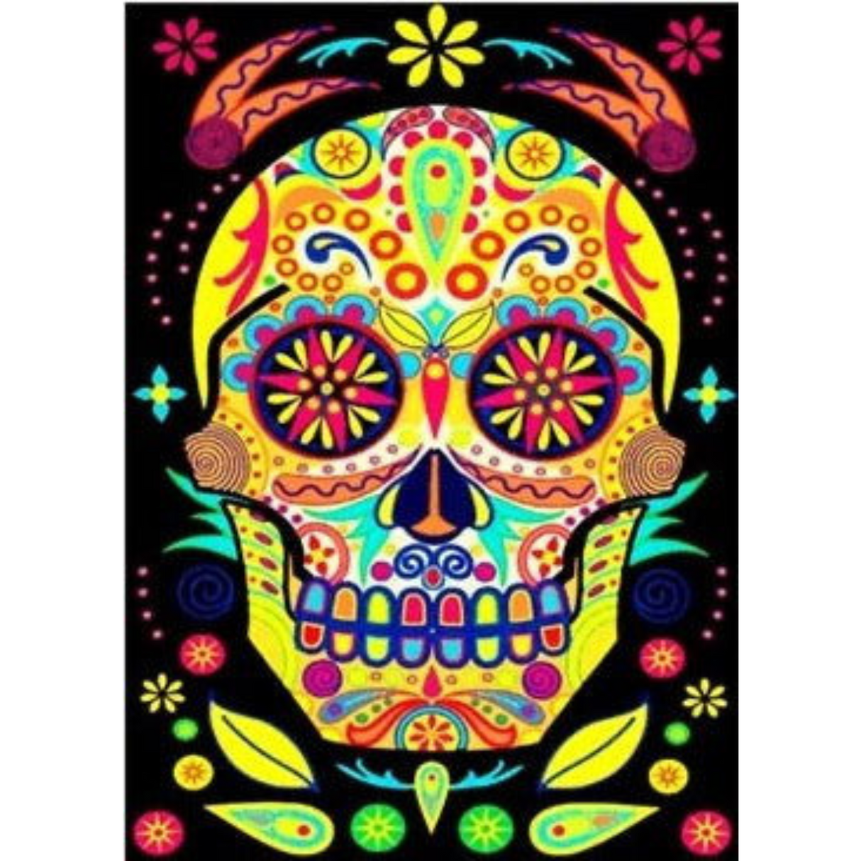 A colorful sugar skull with intricate floral patterns on a black background.