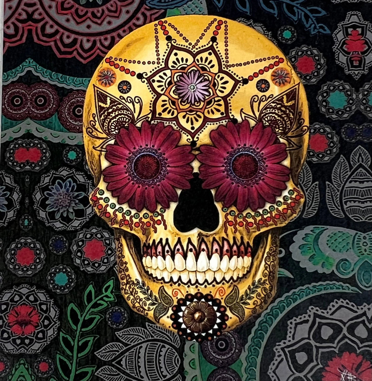 Sugar Skull magnet with intricate floral patterns and colorful details.