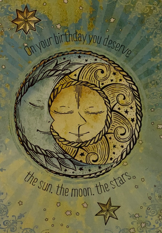 Sun Moon and Stars Greeting Cards - green card with celestial image sun and moon