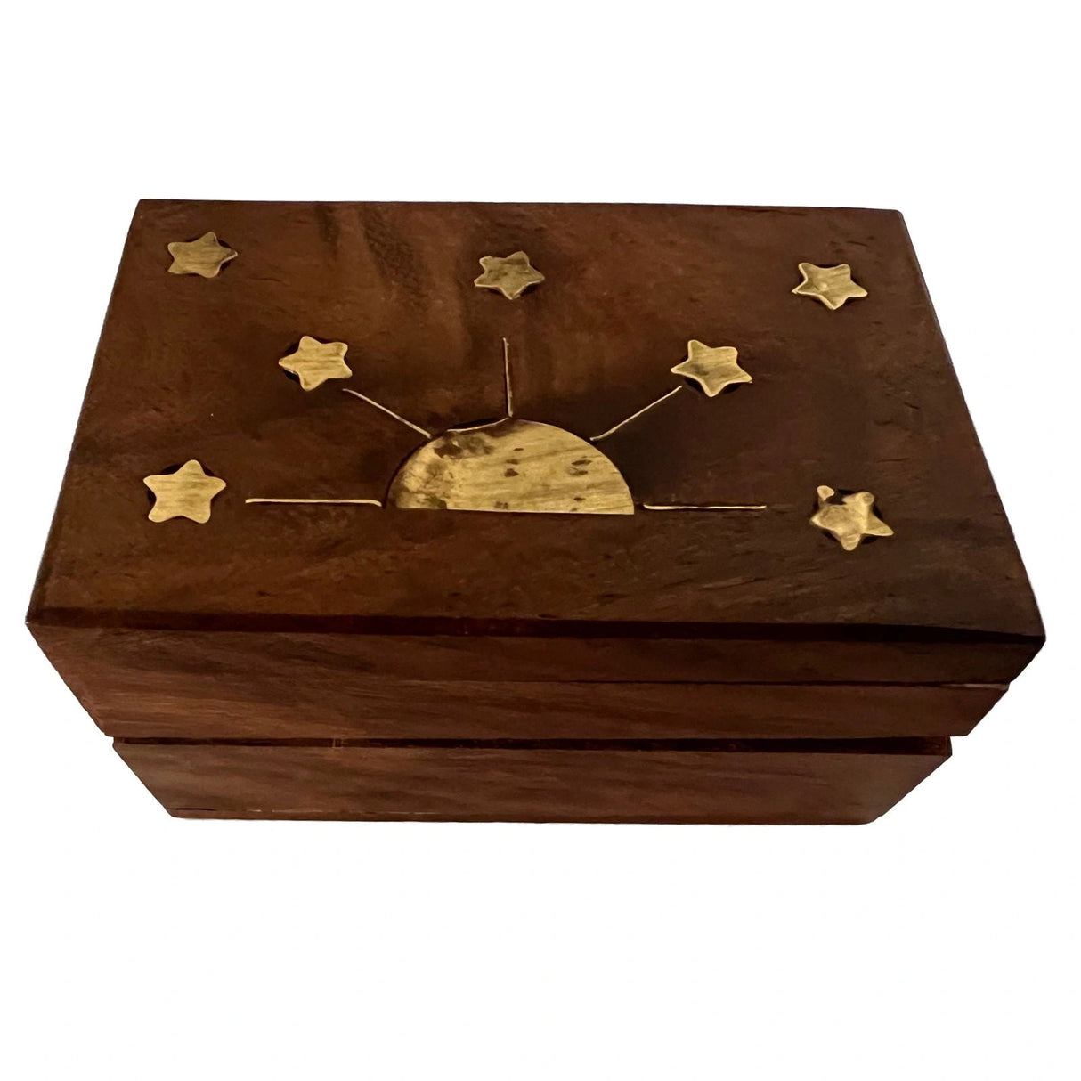 Sun & Star Wooden Box - Small rectangle wood box top inlaid with brass moon and stars