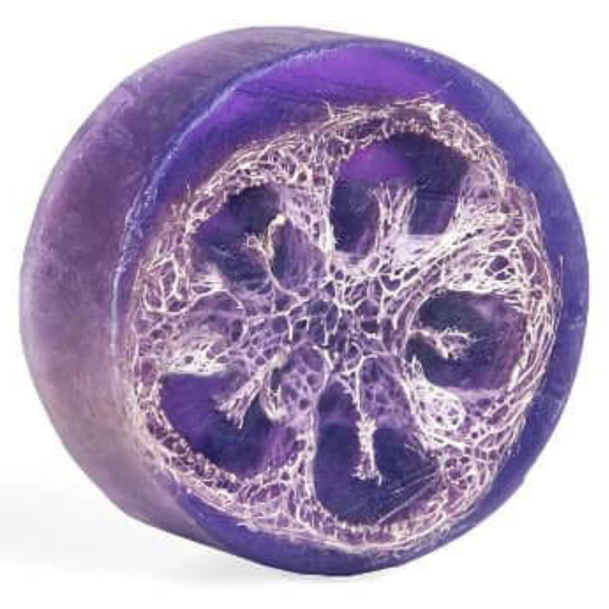 Purple loofah soap with a smooth, spherical shape and visible loofah fibers.