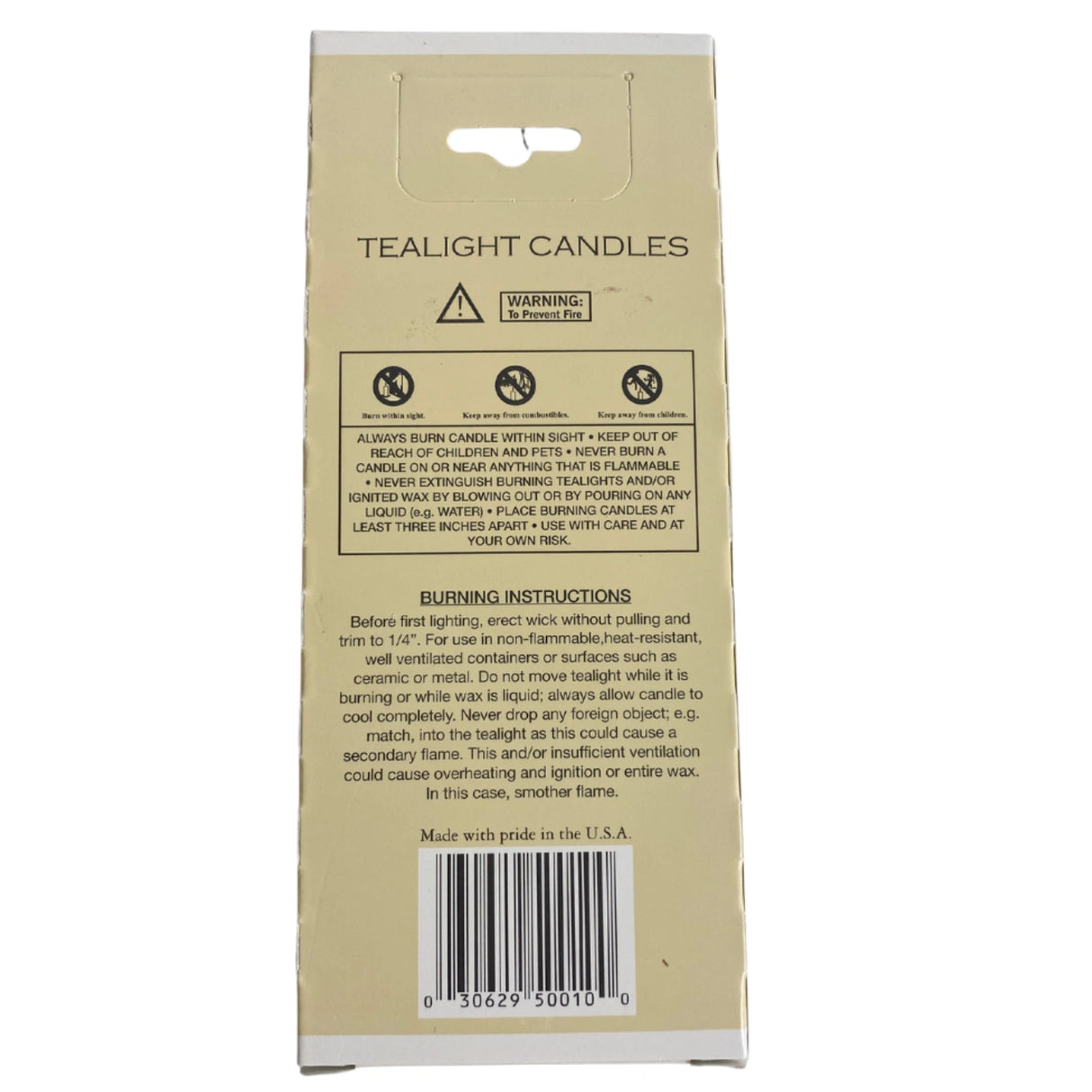 T-Lite Candle 10 Pack - Back cover of a rectangular box with 10 T-lite candles indside