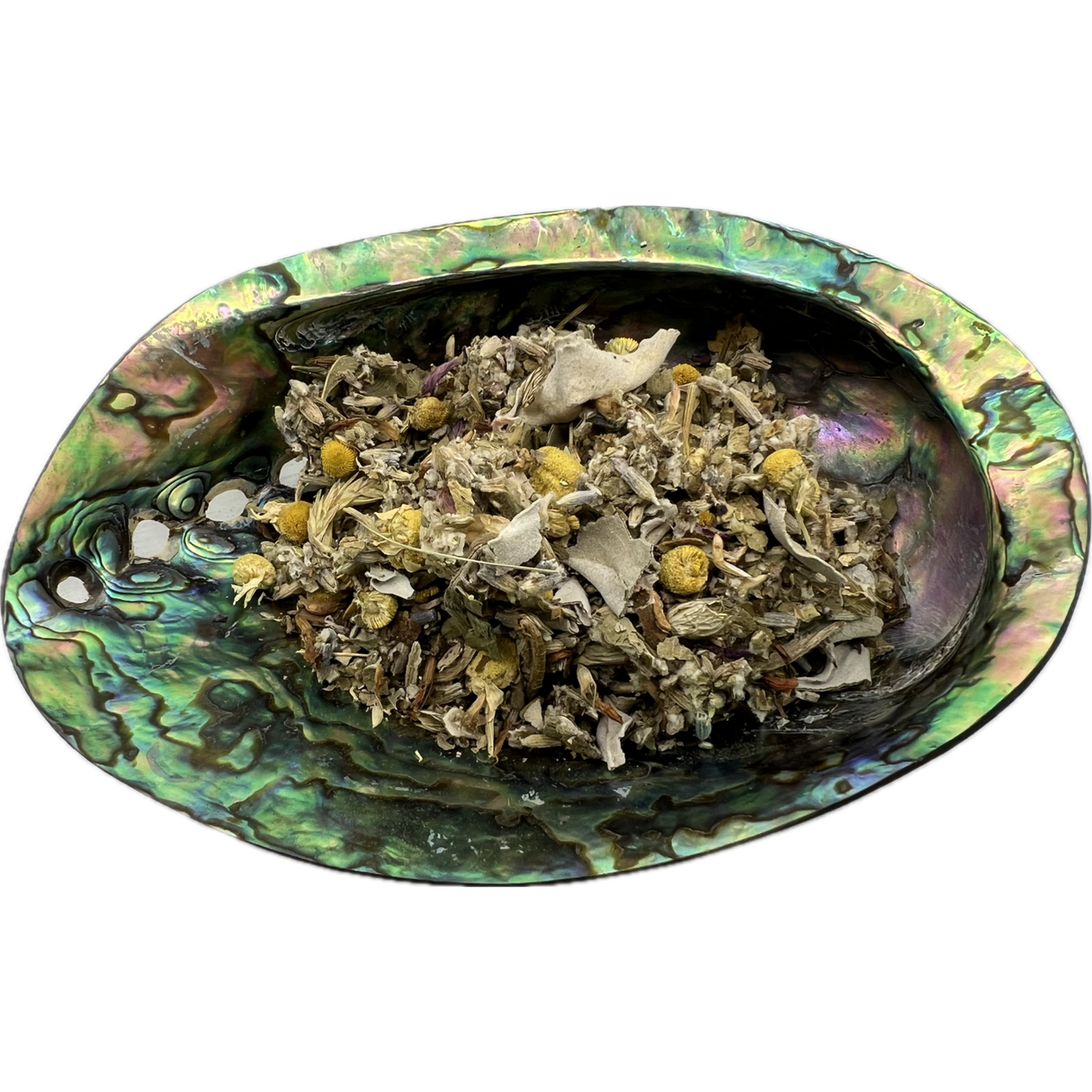 Throat Chakra Herb Mix Bag - Dried mixed herbs called Throat Chakra Herb Mix placed on a colorful shell bowl