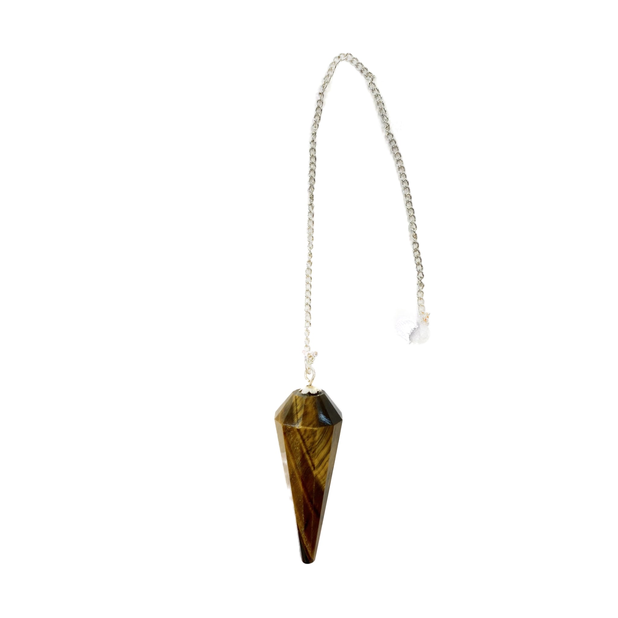 tiger eye cone shaped  on silver colored chain 