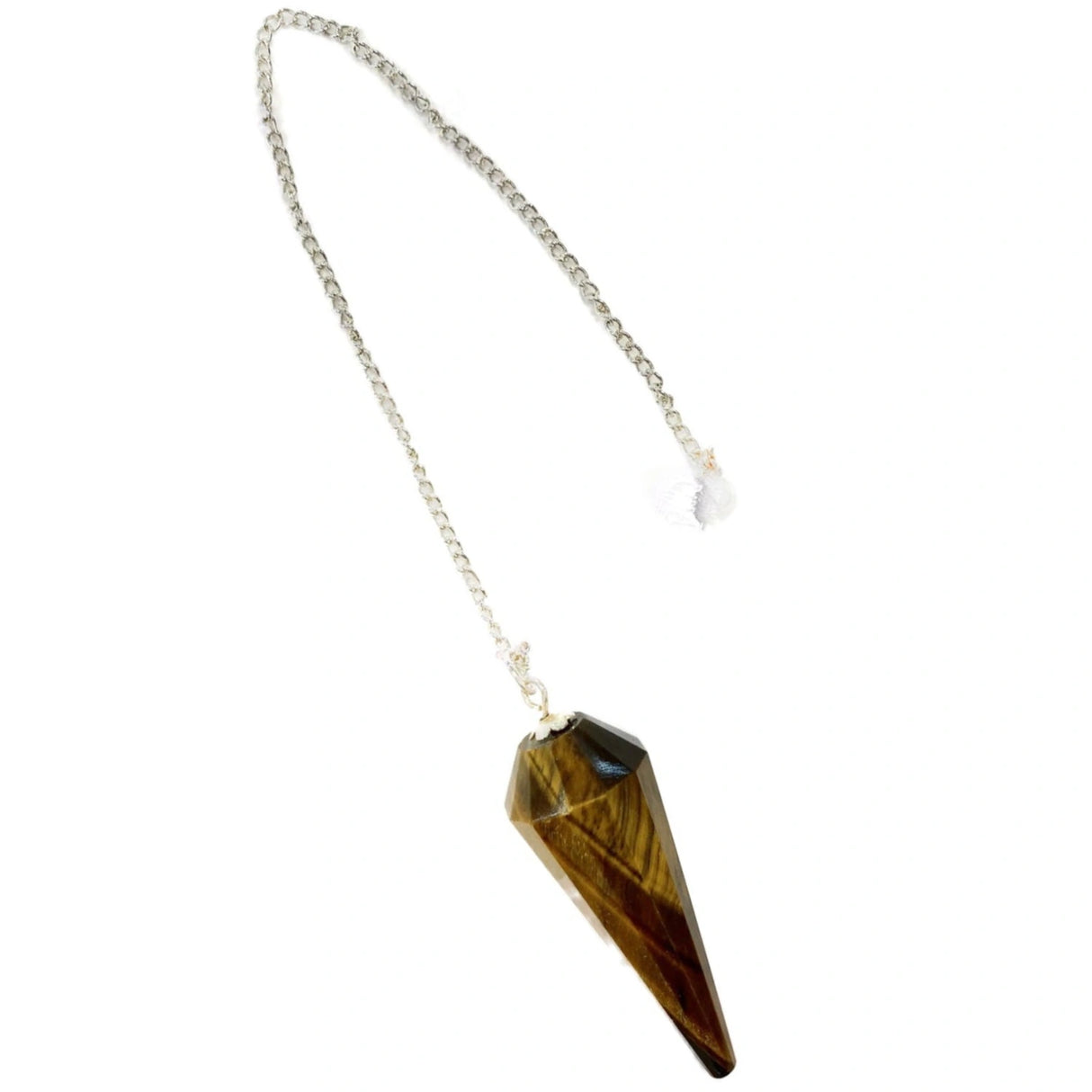 Brown crystal pendulum with a silver chain.