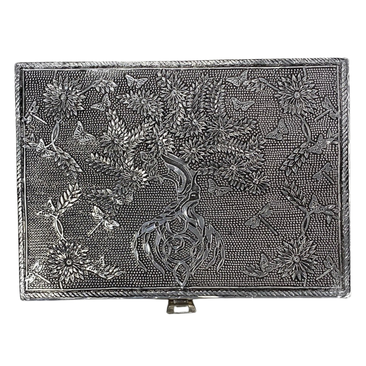 Silver metal box with a tree of life design, surrounded by flowers and butterflies.
