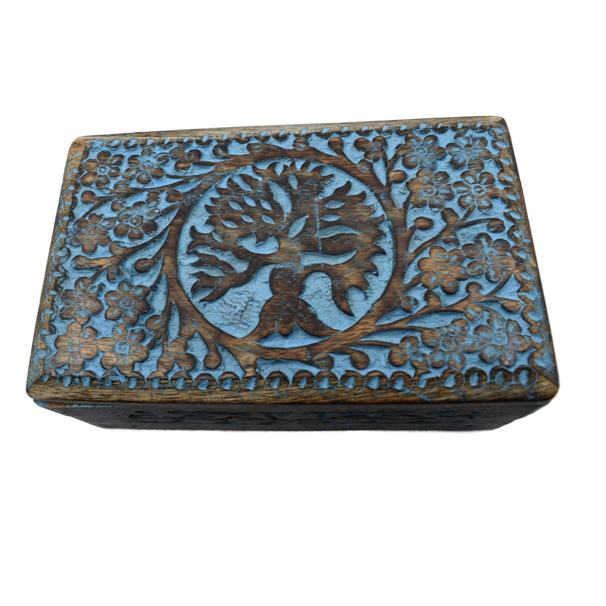 Tree of Life Wood Box Blue - Wood box, blue , engraved tree of life floral pattern