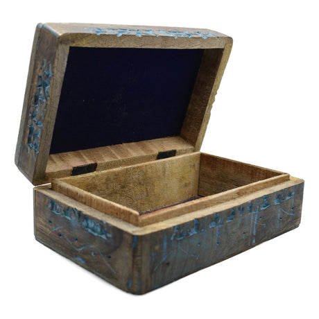 Tree of Life Wood Box Blue - Wood box, blue, open top with purple felt bottom and inner top