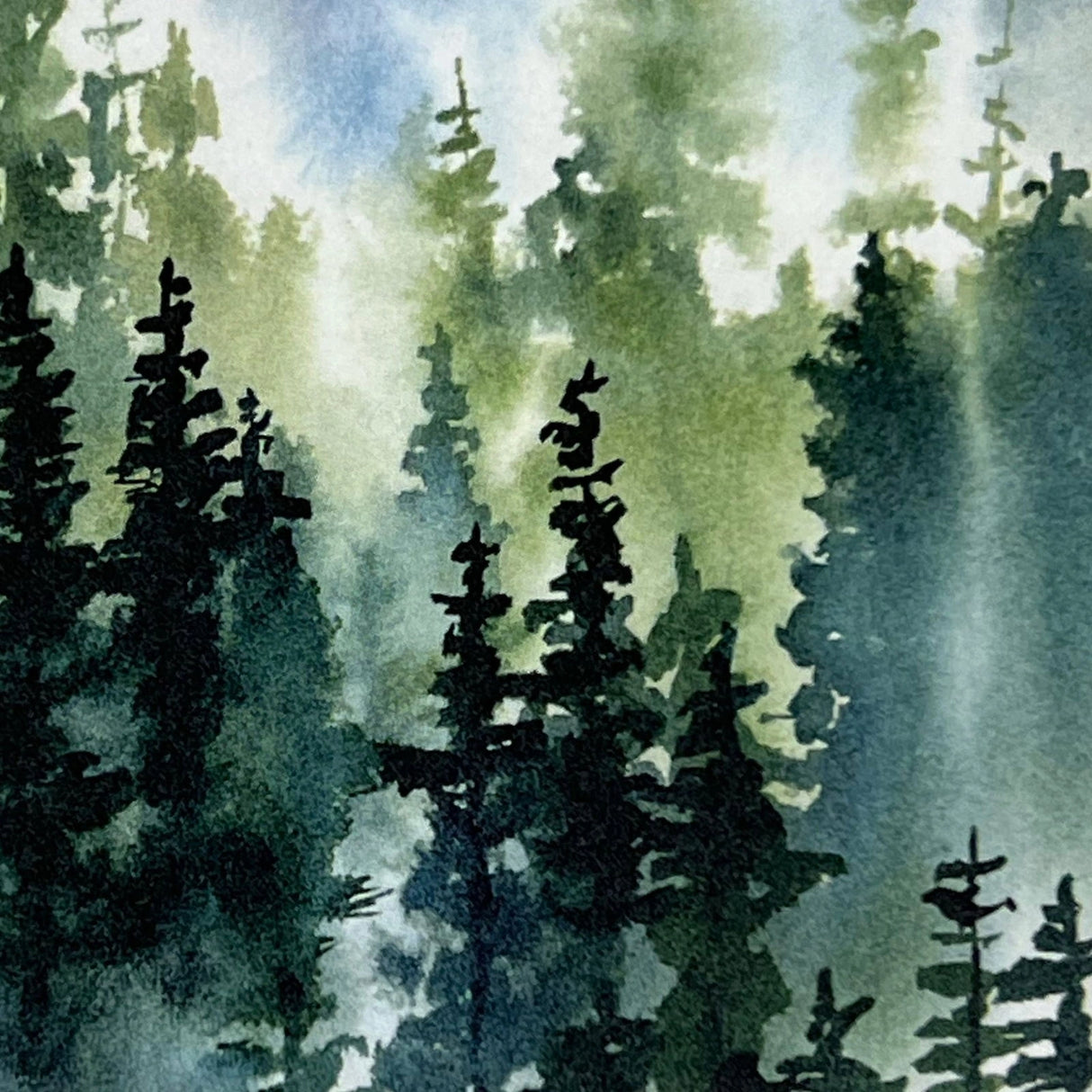 Treeline magnet with watercolor painting of pine trees in a misty forest.