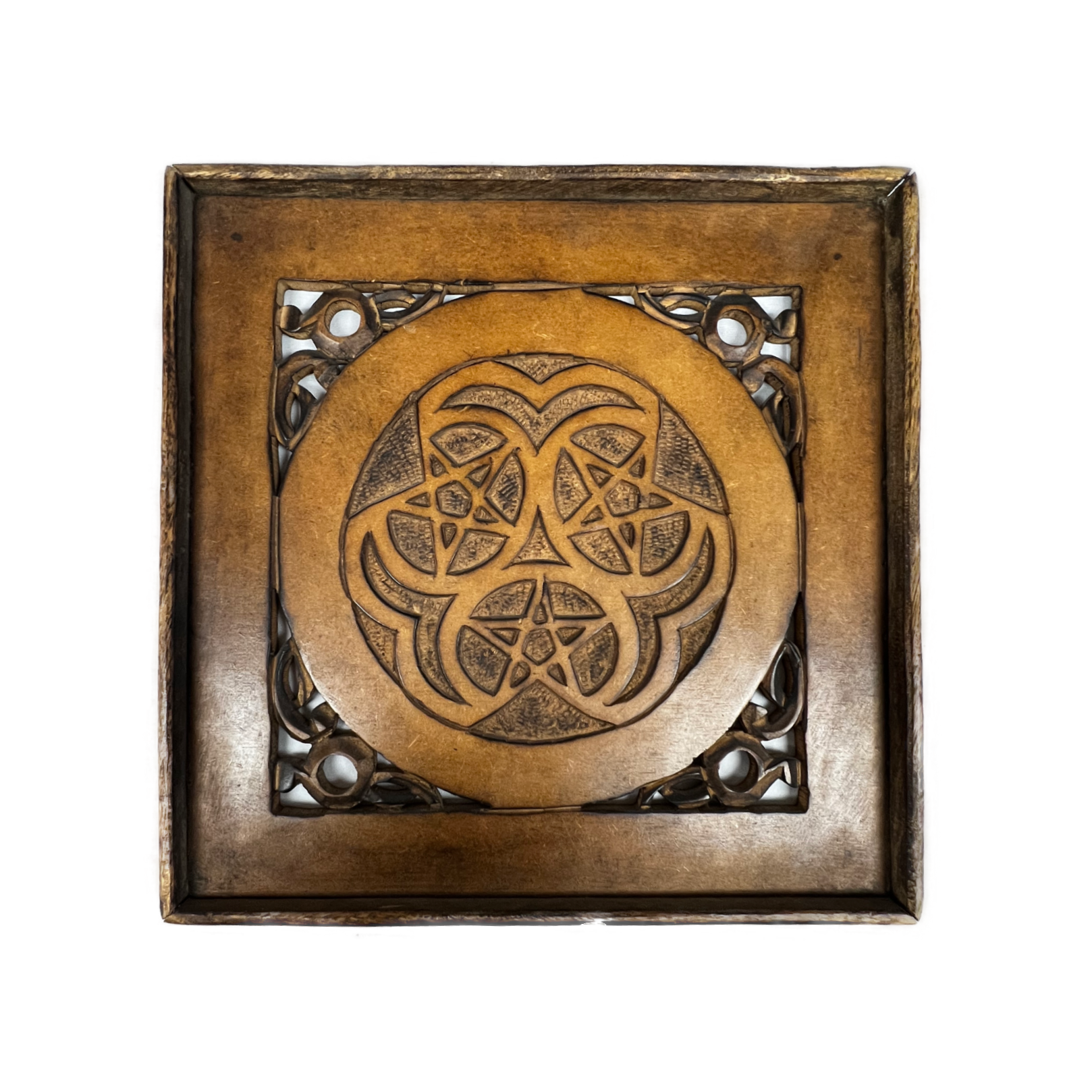 Square Wood Plaque with 3 carved pentacles 
